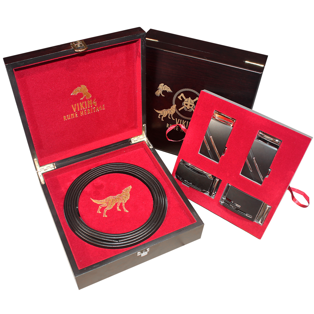 Prémiová luxusná dvojposchodová sada opaskov Viking v drevenej kazete. BOX č. V2