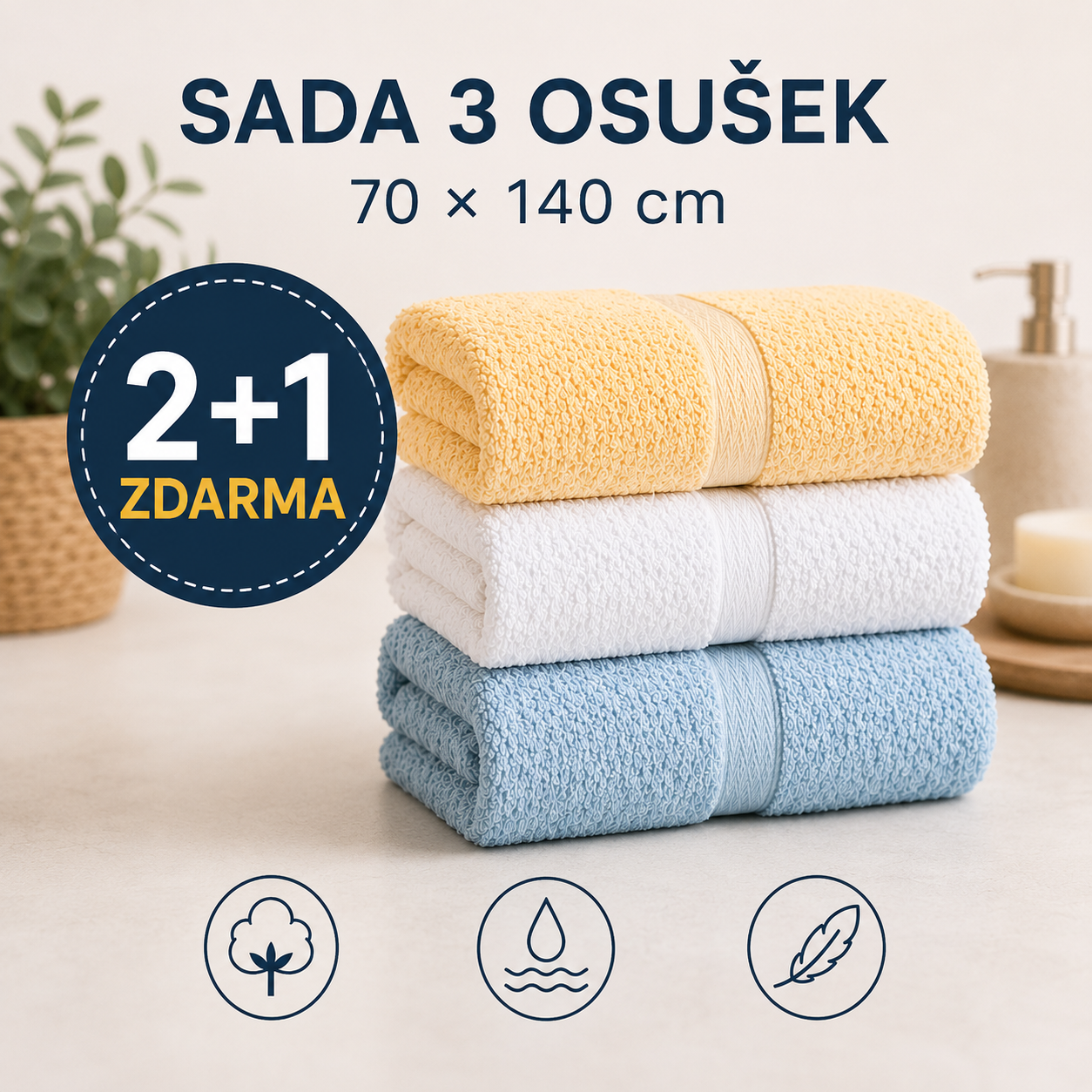 Bavlnené osušky – súprava 2 + 1 zdarma